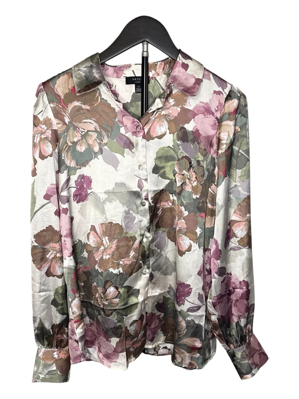 Haver London Floral Satin Button-Down Blouse